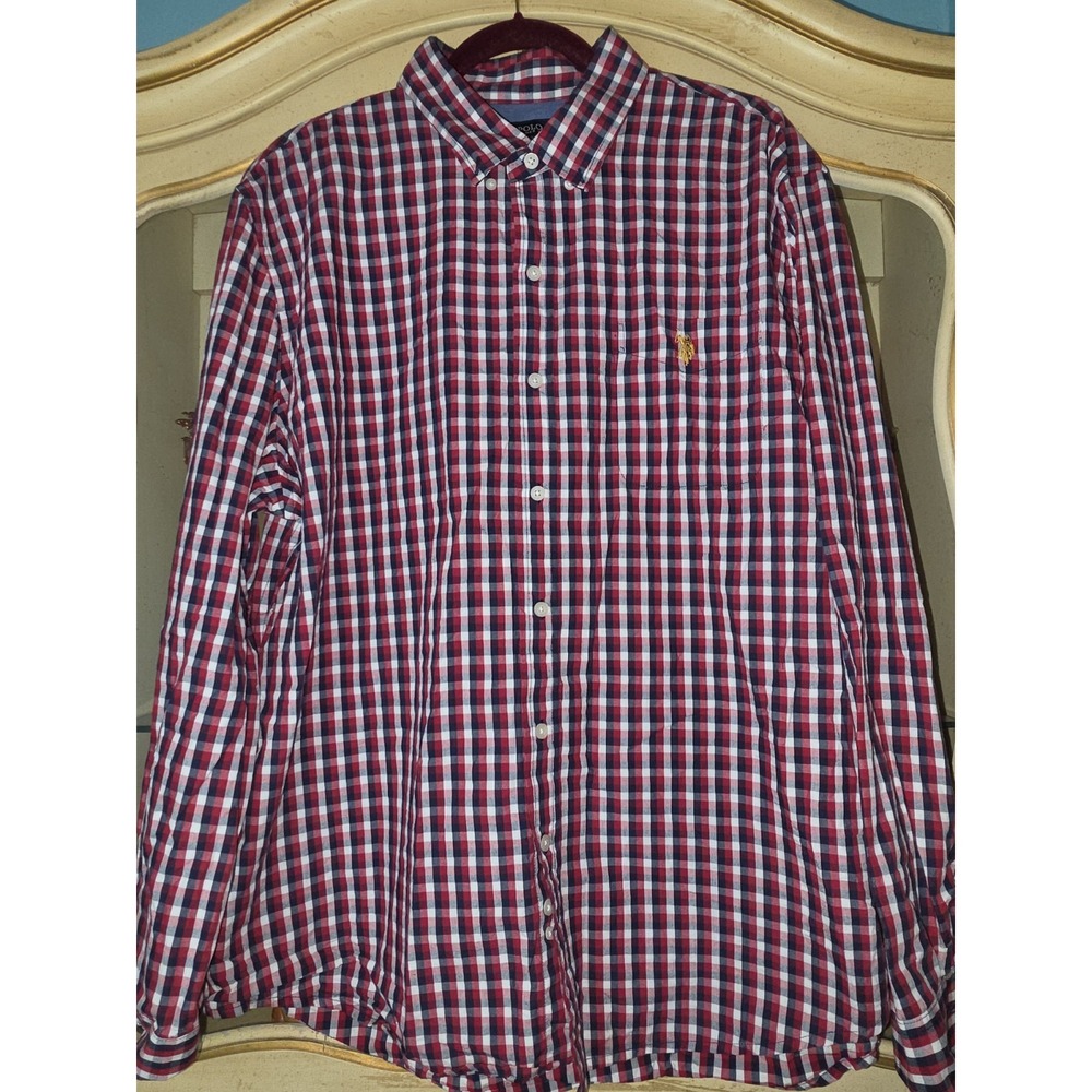 US Polo Assn Mens 2XL Plaid Button Down Shirt Red Navy Christmas Holiday
